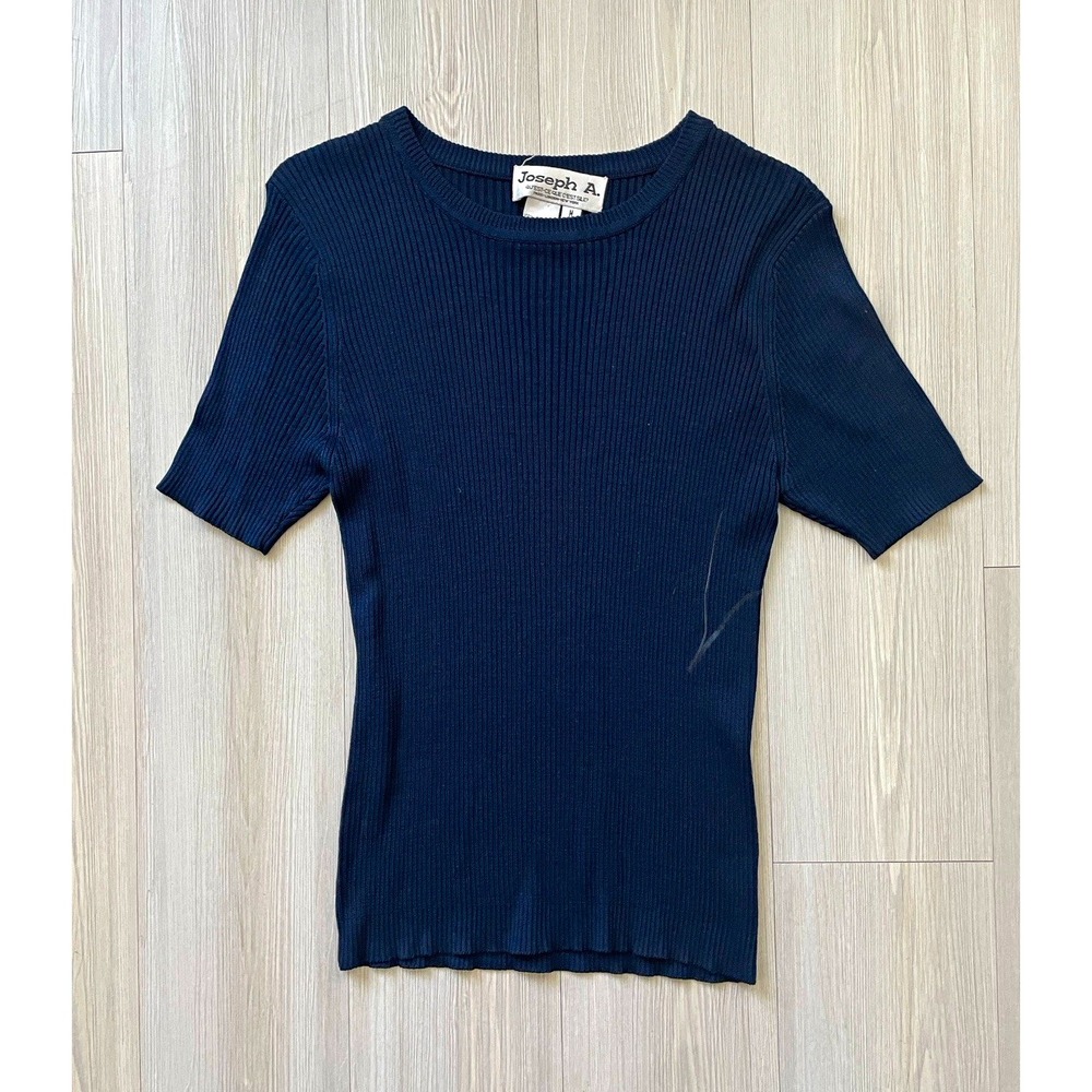 Joseph A. Navy Solid Ribbed Knit Crewneck Short Sleeve 100% Silk Sz M Preppy